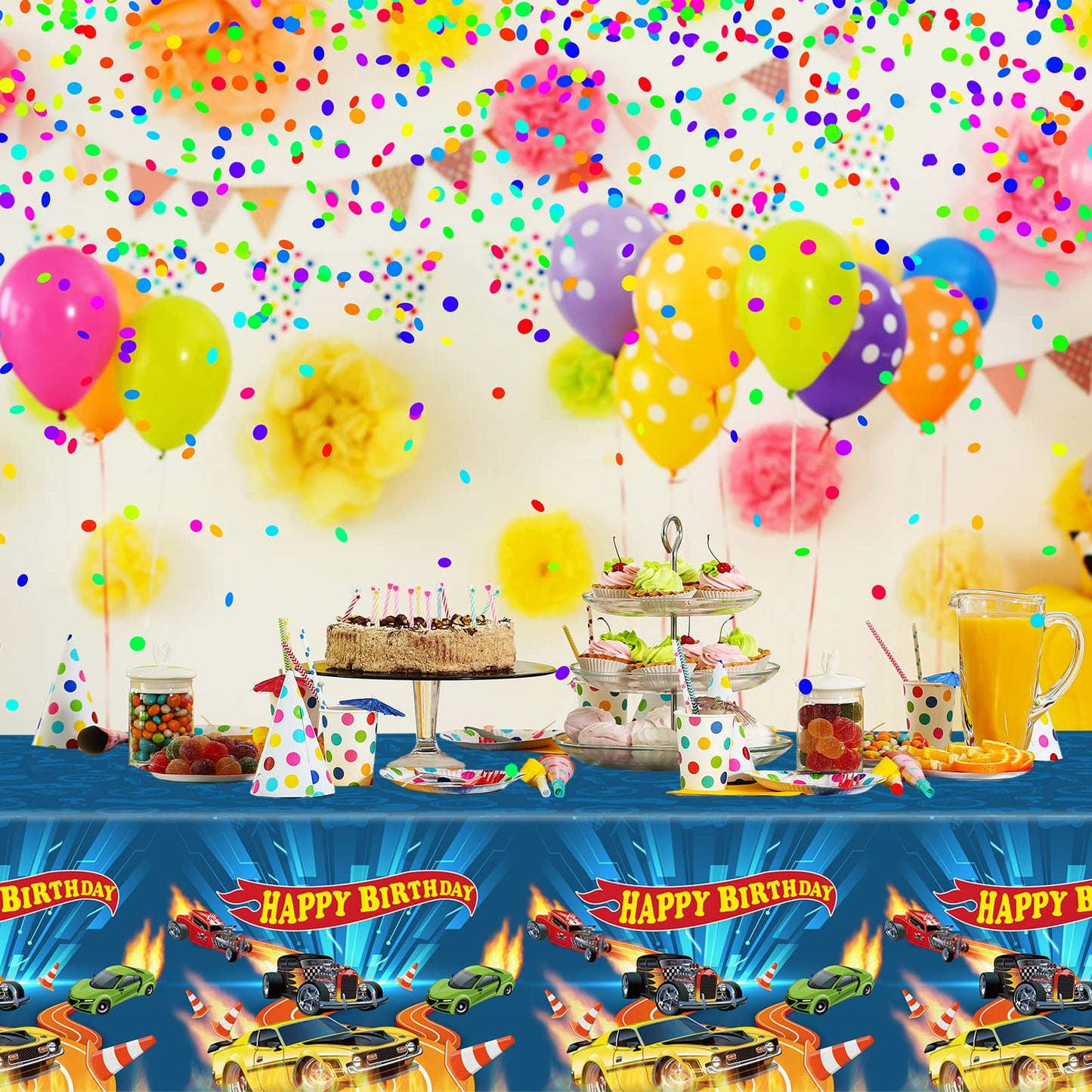WIFUNUE 3Pieces Hot Car Themed Plastic Tablecloth Hot Race Car Birthday Party Plastic Table Covers for Kids Boys Racing Car Birt