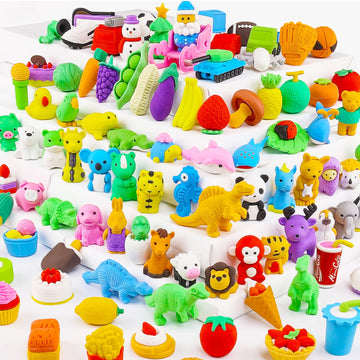 Urskytous 110Pcs Animal Erasers Kids Pencil Erasers Desk Pets Puzzle Erasers Bulk Mini Animal Food Erasers Toys Eraser Prizes Fo