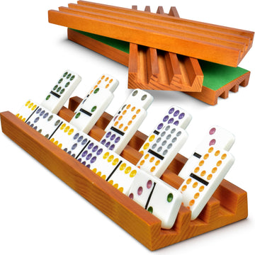 Queensell Domino Holders For Classic Board Games - Wooden Domino Racks Set Of 4 - Mexican Train Dominoes Accessories - Domino Trays For Tiles Family Games (Large)