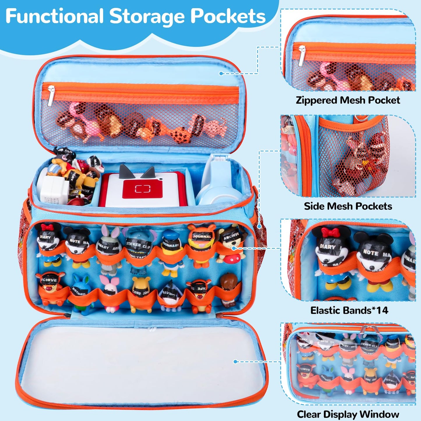ahzske Toniebox Carrying Case - Large Blue Storage Bag, Waterproof Oxford Fabric, 14 Elastic Bands for Tonies Figures, Travel Organizer