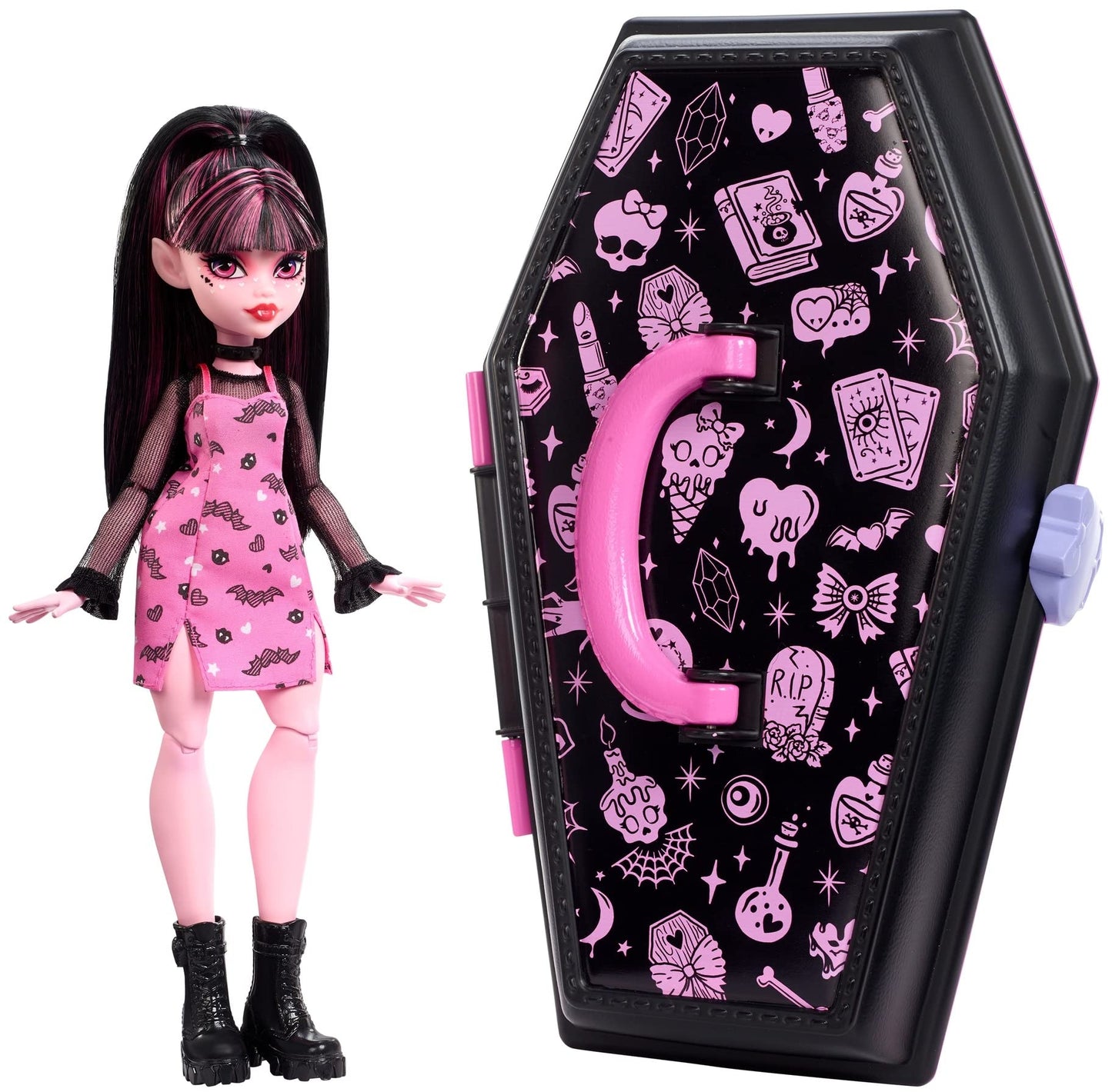 Monster High Draculaura Doll & Accessories, Gore-ganizer Beauty Kit with Bat Clips, Comb & Mirror, Customizable with Stamp Pen &