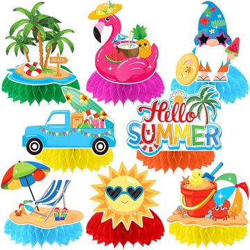 JULMELON 8PCS Summer Party Decorations Honeycomb Centerpiece, 3D Double Side Summer Beach Pool Party Table Toppers for Hawaiian 