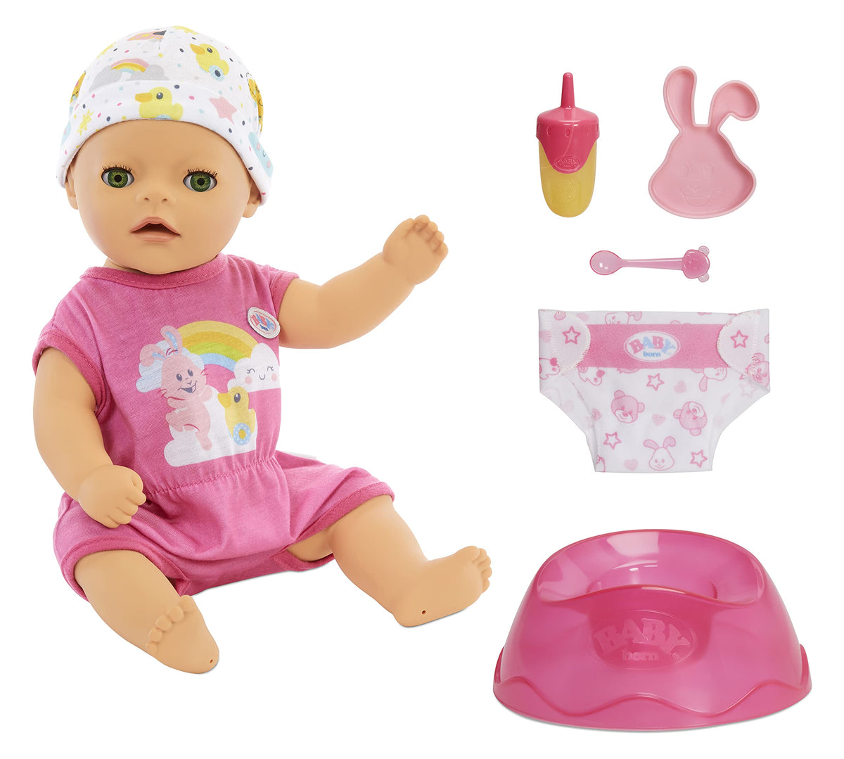 Baby Born 14 Interactive Lil Girl Baby Doll  Green Eyes. Easy For Small Hands, 6+ Ways To Nurture, Includes Bottle, Potty An