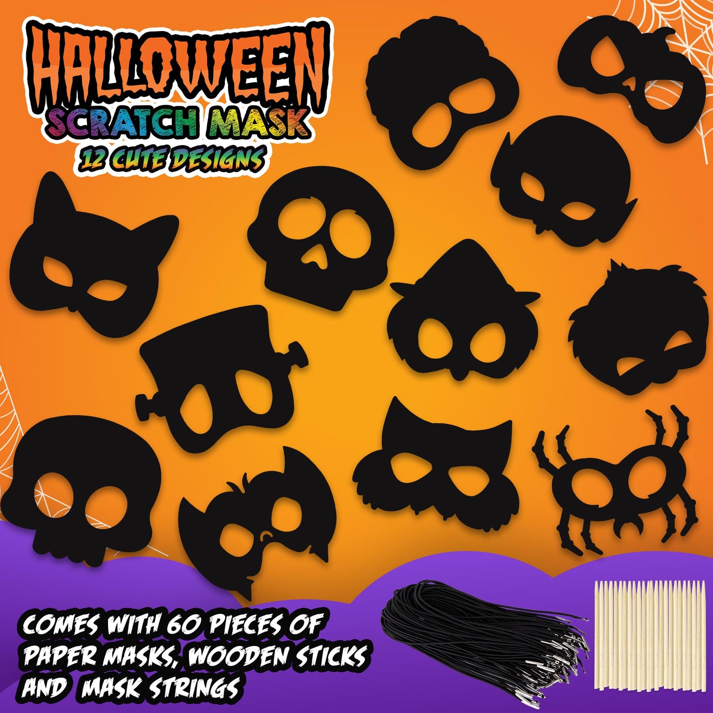Halloween Scratch Masks for Kids - Set of 60 Halloween Scratch Art Masks - Includes Halloween Craft Masks, Elastic Strings, Wood