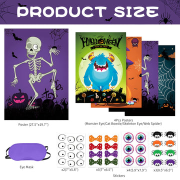 Boramdo Halloween Party Games Halloween Pin The Game Poster With 96 Stickers And 4 Blindfolds, Halloween Pin The Tail Game For H