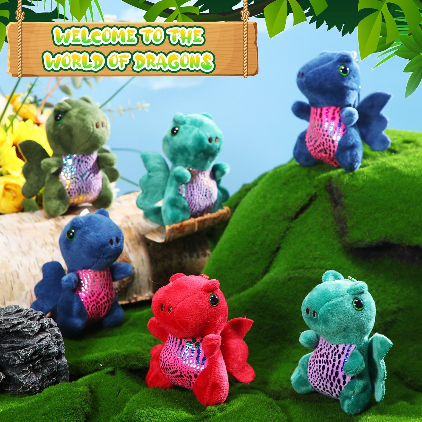 Siifert 12 Pcs Plush Dragon Stuffed Animals Bulk Cute Dinosaur Plush Keychain For Kid Birthday(Dark Color,Lovely Style)