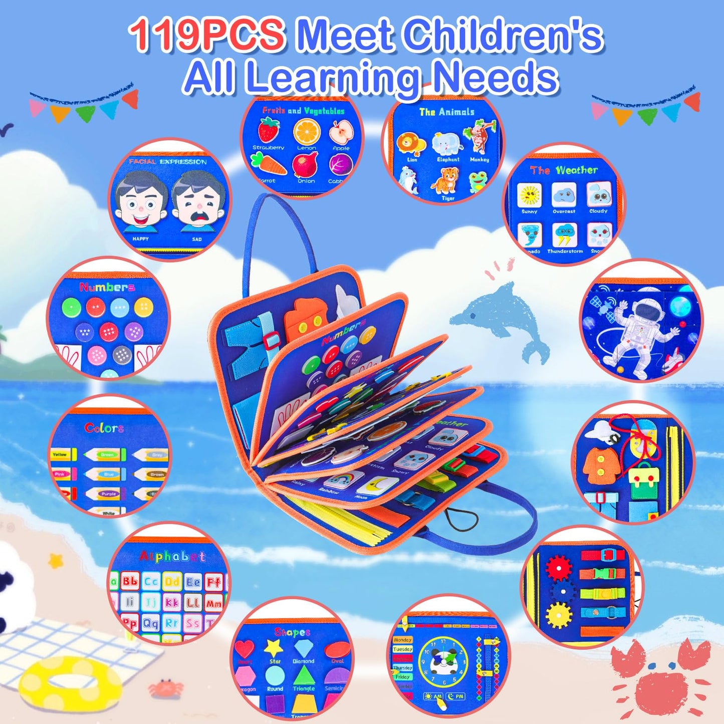 Besnel Busy Board For Toddlers 2-4,Busy Book For Toddlers 1-3,Preschool Educational Activity Sensory Board For Learning Fine Motor Skills,Zipper Board For Toddlers 1-3,Gifts For Boys Girls