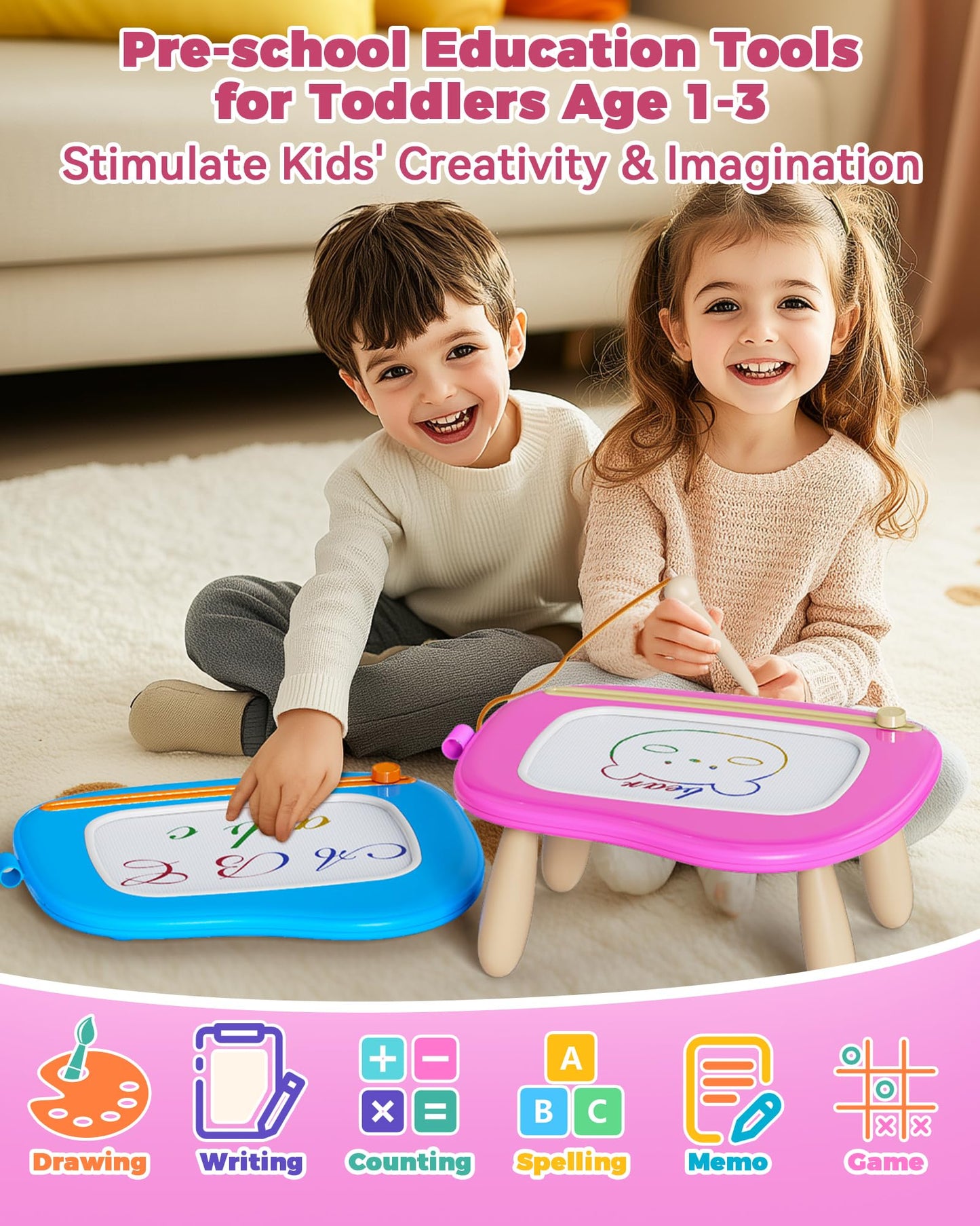 Kokodi Toys Gifts For 1 2 3 Years Old Girl, Sturdy Magnetic Drawing Board Sketch Doodle Pad, Educational Learning Birthday Easter Gifts Basket Stuffers For Kids Toddler - Left Hands Friendly (Rose)