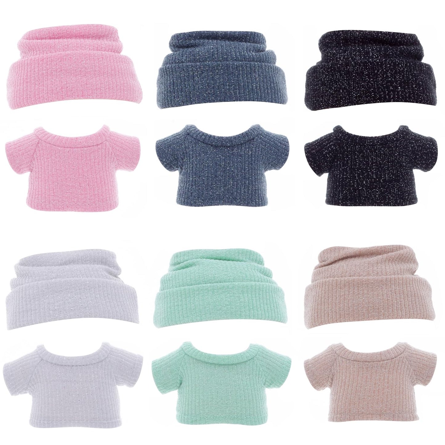 Etistta 17cm Doll Clothes with Hat, Glitter Knit Cap Top Doll Clothes for 17cm Doll Accessories Outfits (6 Pack)