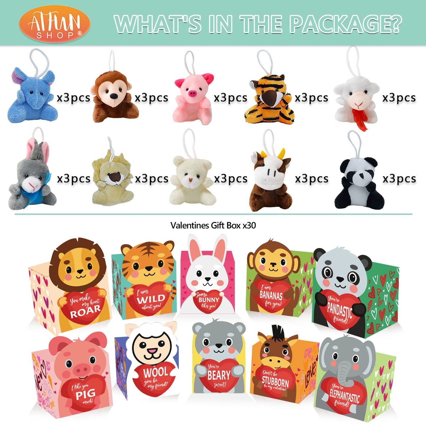 Atfunshop Valentines Day Gifts Box For Kids With Animal Plush Toys 30 Pack Valentines Mini Keychains And Gift Card In Bulk Excha