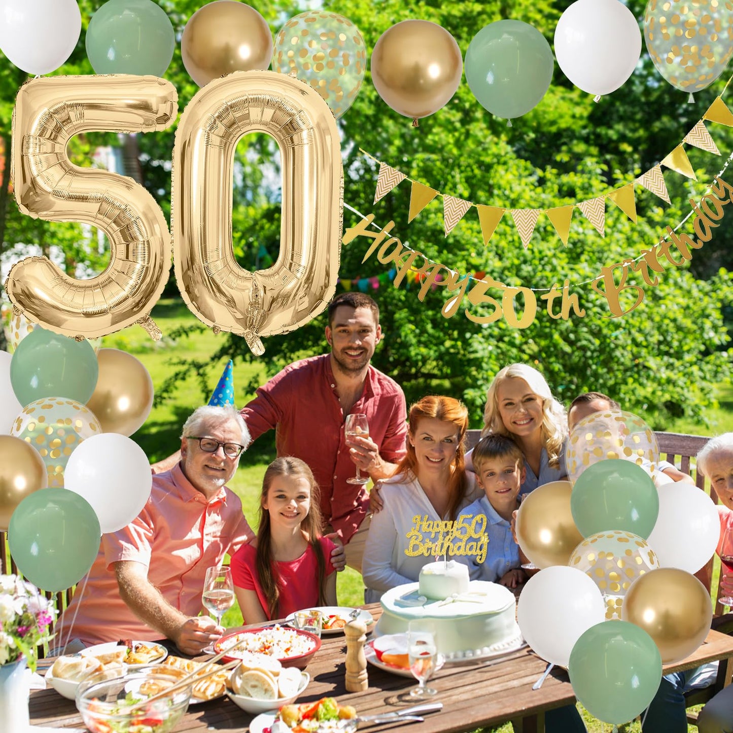 50Th Birthday Decorations For Men Women, Sage Green White Gold Birthday Balloons With Happy 50Th Birthday Banner 50Th Birthday C