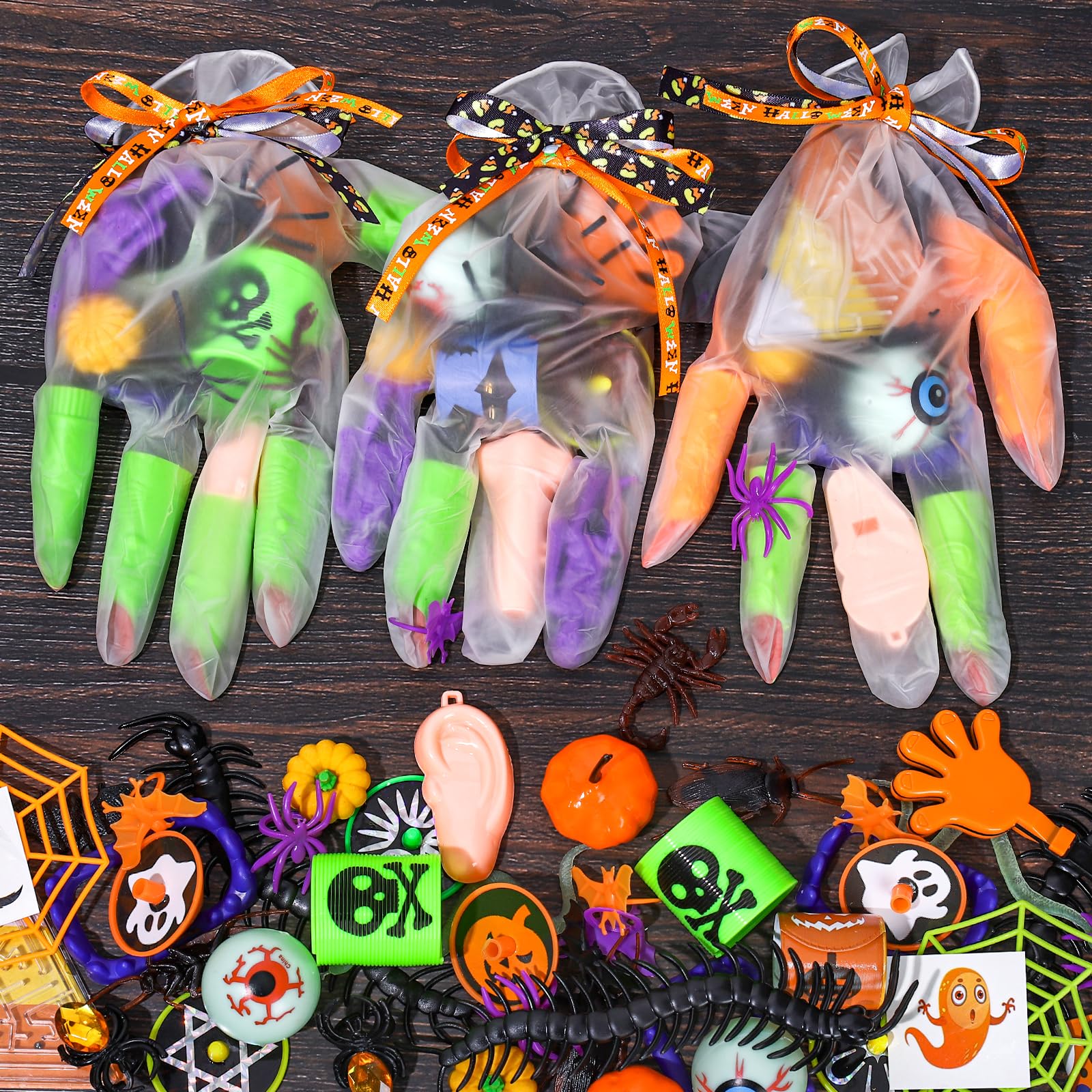 Whaline 204Pcs Halloween Party Favors for Kids Gloves Stuffed Toys Bulk Halloween Gloves Treat Bags Gift Toys Non-Candy Goodie T