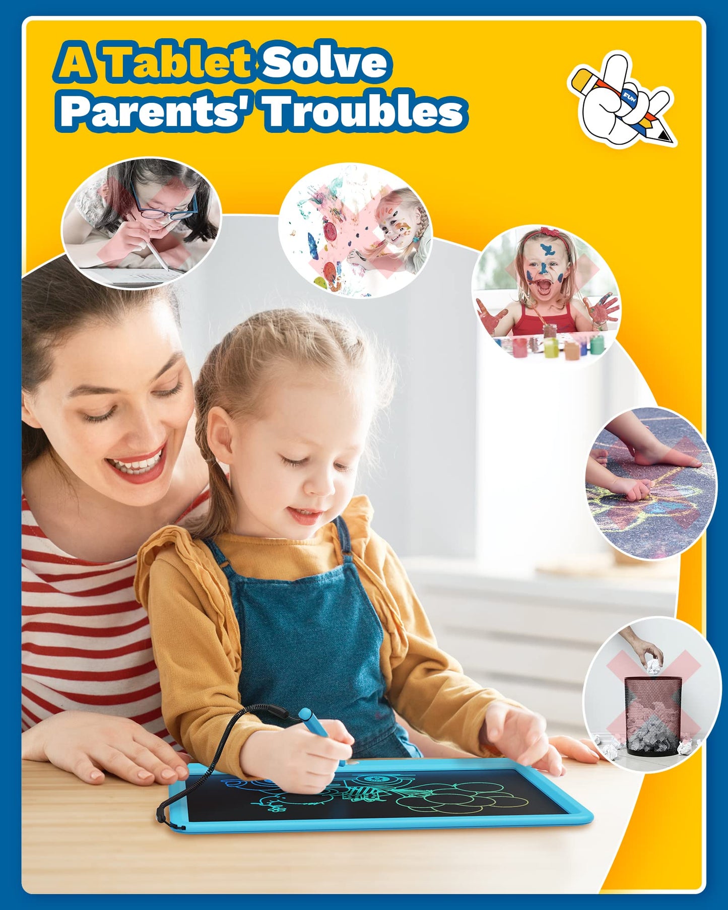 Tekfun Large Screen 12Inch Lcd Writing Tablet With Anti-Lost Stylus, Erasable Doodle Board No Mess Drawing Pad, Car Trip Travel