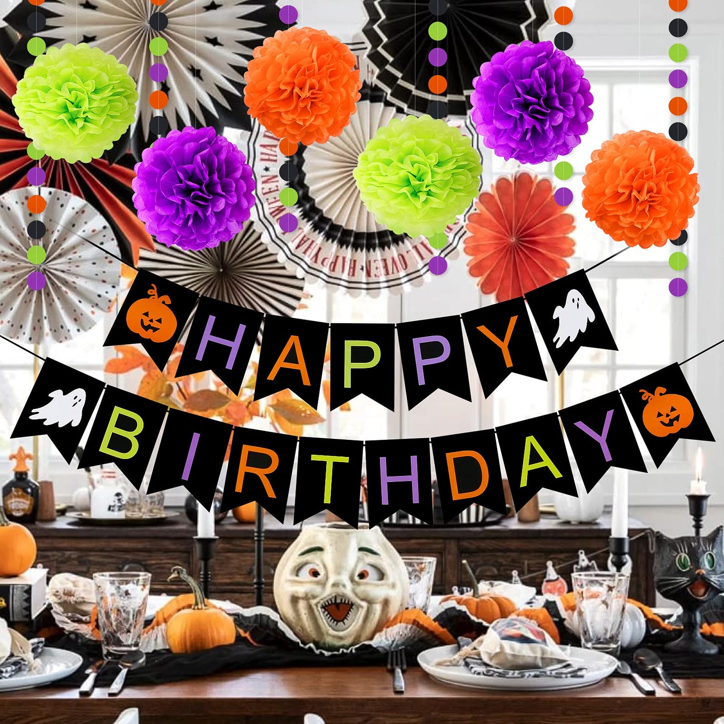 Pumpkin Ghost Pom Pom Happy Birthday & Halloween Banner - Flowers, Sign For Themed Party Decorations