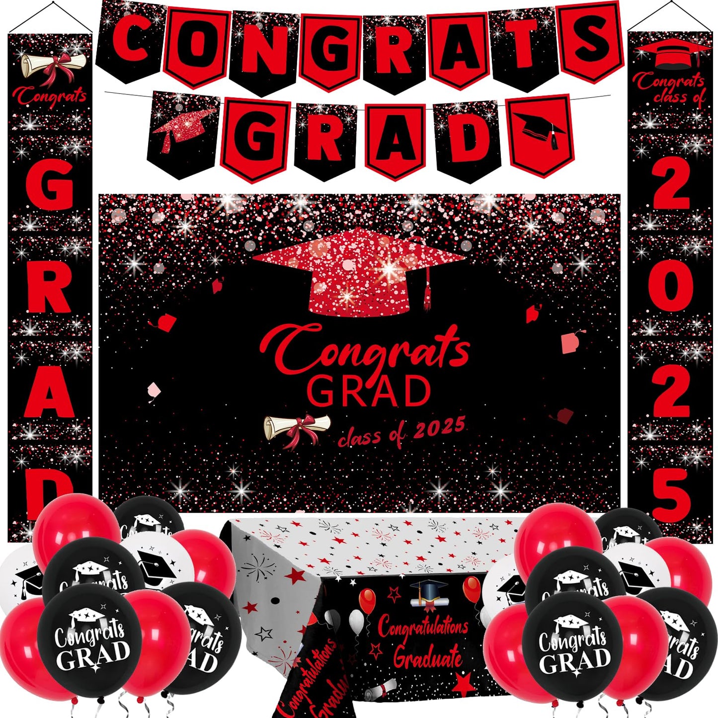 Graduation Decorations 2025, Red and Black Graduation Decorations Class of 2025 Congrats Grad Backdrop Tablecloths Banner Porch 