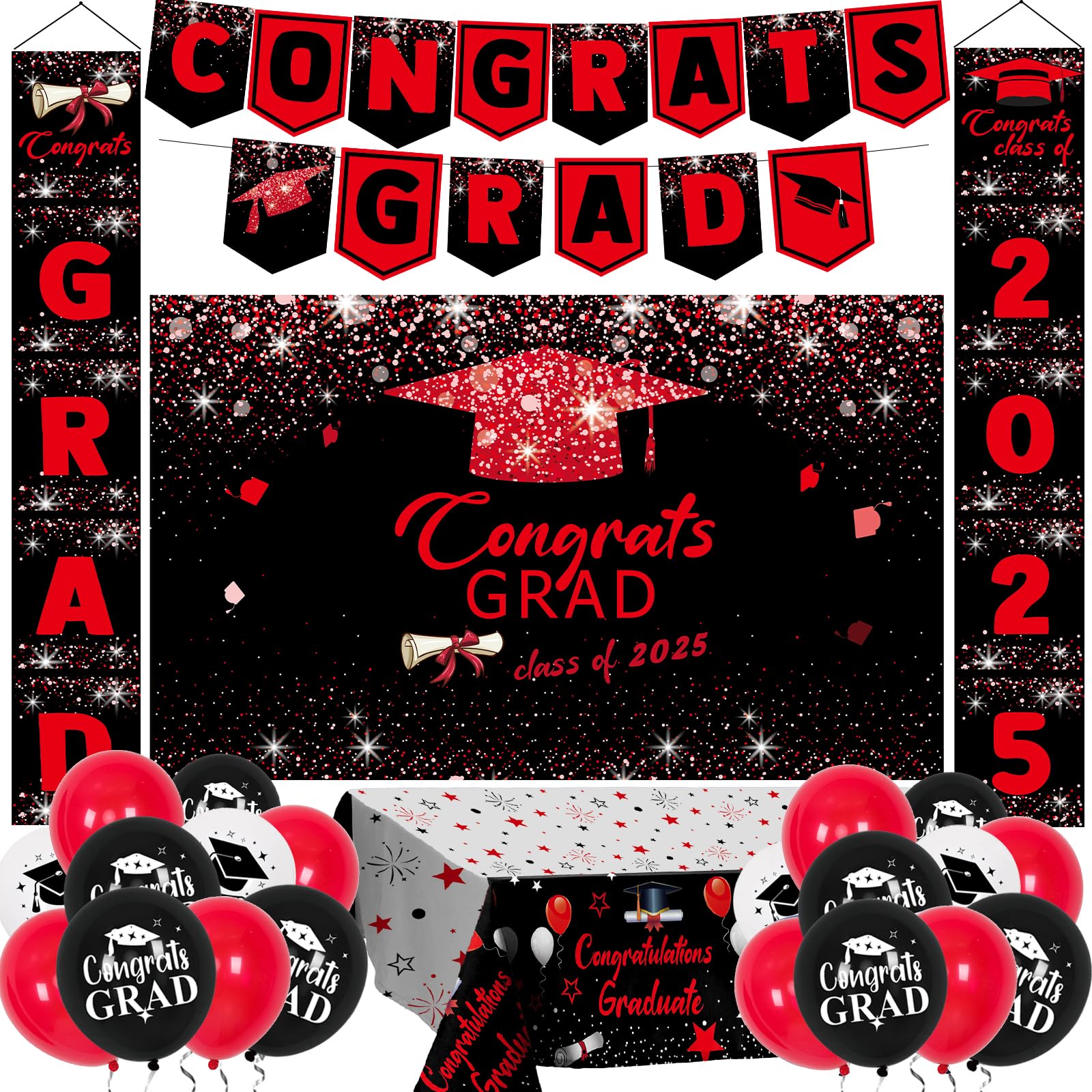 Graduation Decorations 2025, Red and Black Graduation Decorations Class of 2025 Congrats Grad Backdrop Tablecloths Banner Porch 