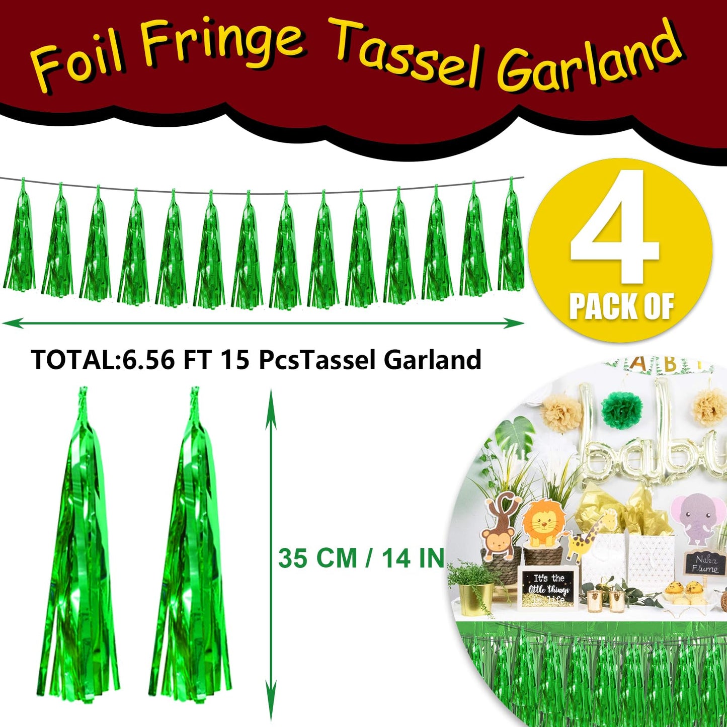 4P Green Foil Fringe Tassel Banner Garland Metallic Tinsel Streamers Wall Hanging Curtain Backdrop Banner for Parade Floats, 202