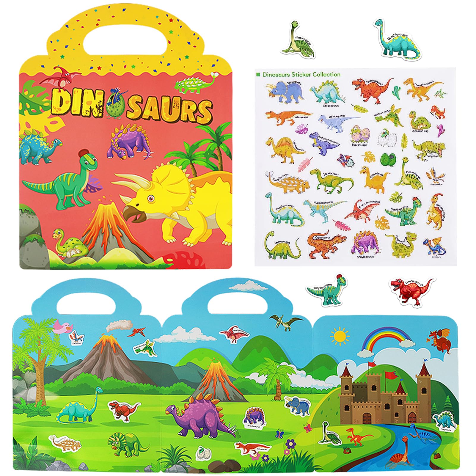 Reusable Sticker Books For Kids, Travel Removable Toddler Dinosaur Sticker Books For 3 4 5 Year Old Girls Boys Birthday Gifts Educational Learning Toys