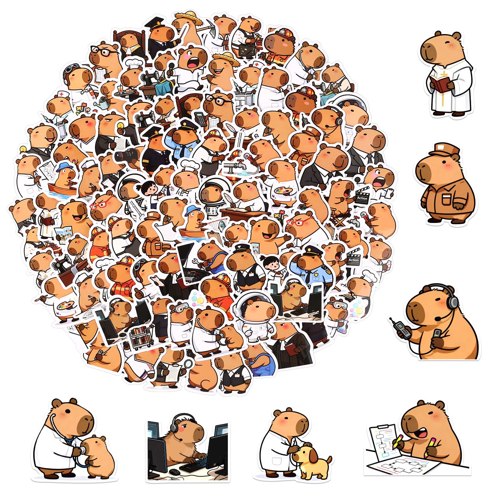100pcs Capybara Stickers, Waterproof Adorable Vinyl Capybara Occupation Stickers Funny Animal Decals for Classroom Prizes Water 