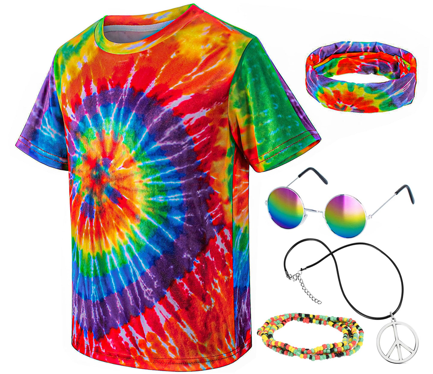 Kids Hippie Costume For Boys Girls 60S 70S T-Shirt 5Pcs Set For Halloween Party 9-10 Years Colorful