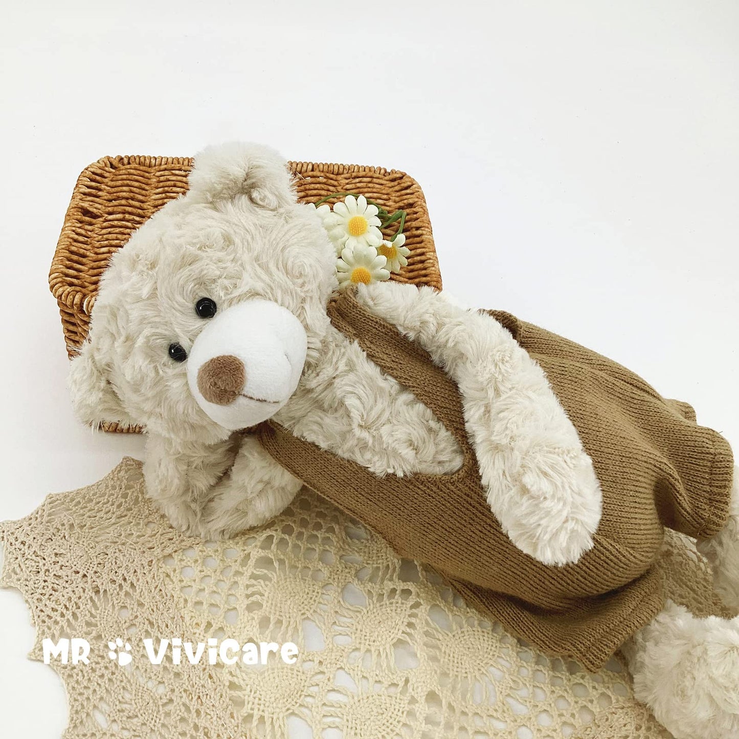 Mr Vivicare 13.5' Cream Beige Bear Stuffed Animals For Kids And New Born Babies,Knitted Dressed Stuffed Teddy Bear Plush Toys For Boys And Girls,Great Gifts On Birthday,Christmas,Machine Washable