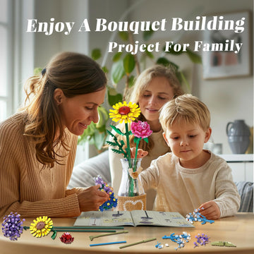 Flowers Bouquet Building Set With Vase, 10 Kinds Of Botanical Collection Including Sunflower, Baby'S Breath, Rose, Compatible Wi