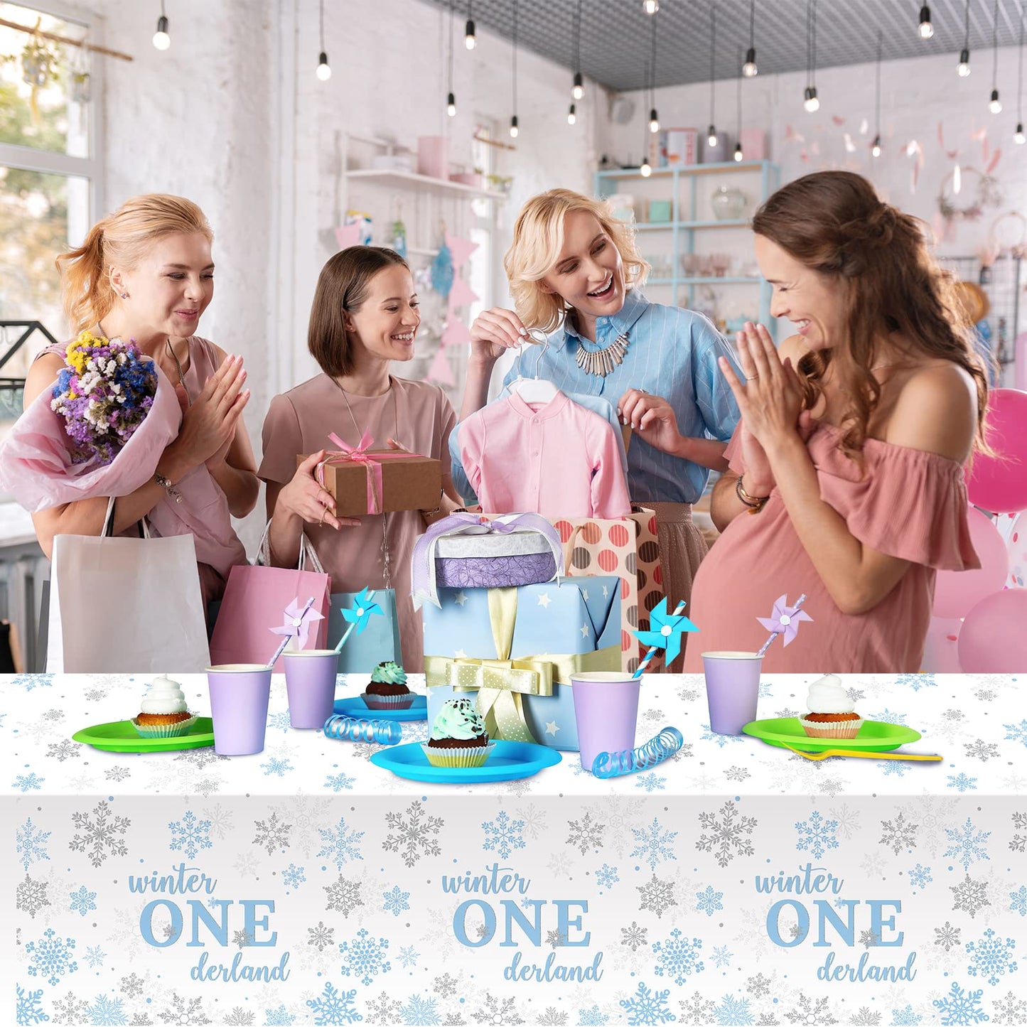 3Pcs Christmas Winter Onederland 1st Birthday Tablecloth Disposable Blue and Silver Snowflake Plastic Table Cloths for Winter On