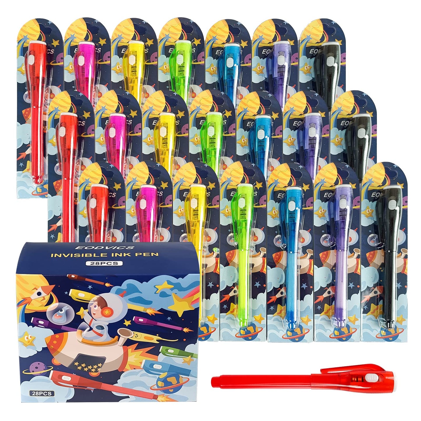 Eodvics Invisible Ink Pens, 28 Pack Spy Pen Invisible Disappearing Ink Pen With Uv Light, Upgrade Exquisite Packaging Magic Pen For Secret Message, Birthday Party, And Kids Halloween Goodies Bags Toy