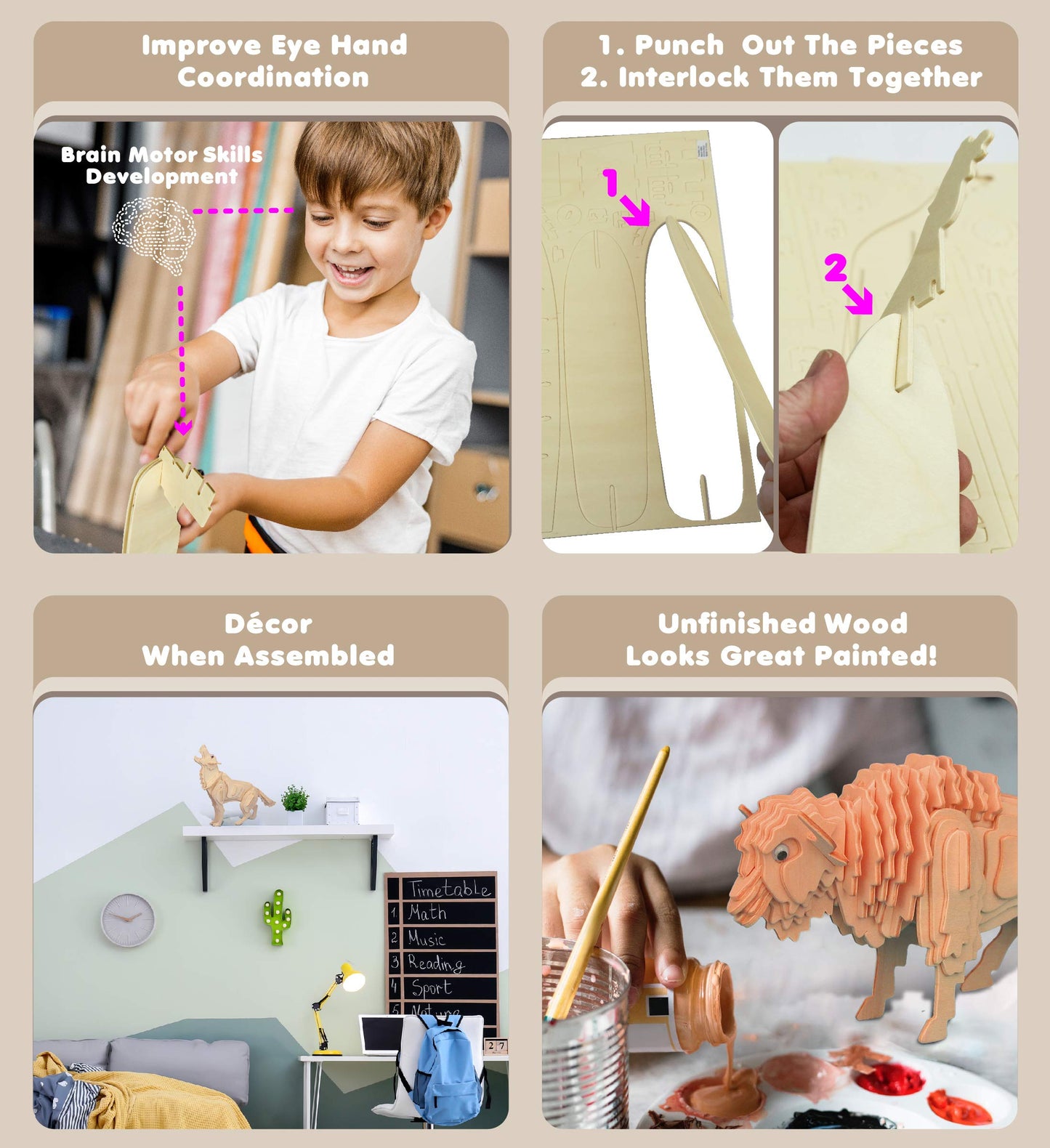 Puzzled Bundle Of Owl, Wolf And Buffalo Wooden 3D Puzzle Construction Kits, Fun Unique And Educational Diy Wild Animals Toys Assemble Model Unfinished Wood Craft - 3 Pack