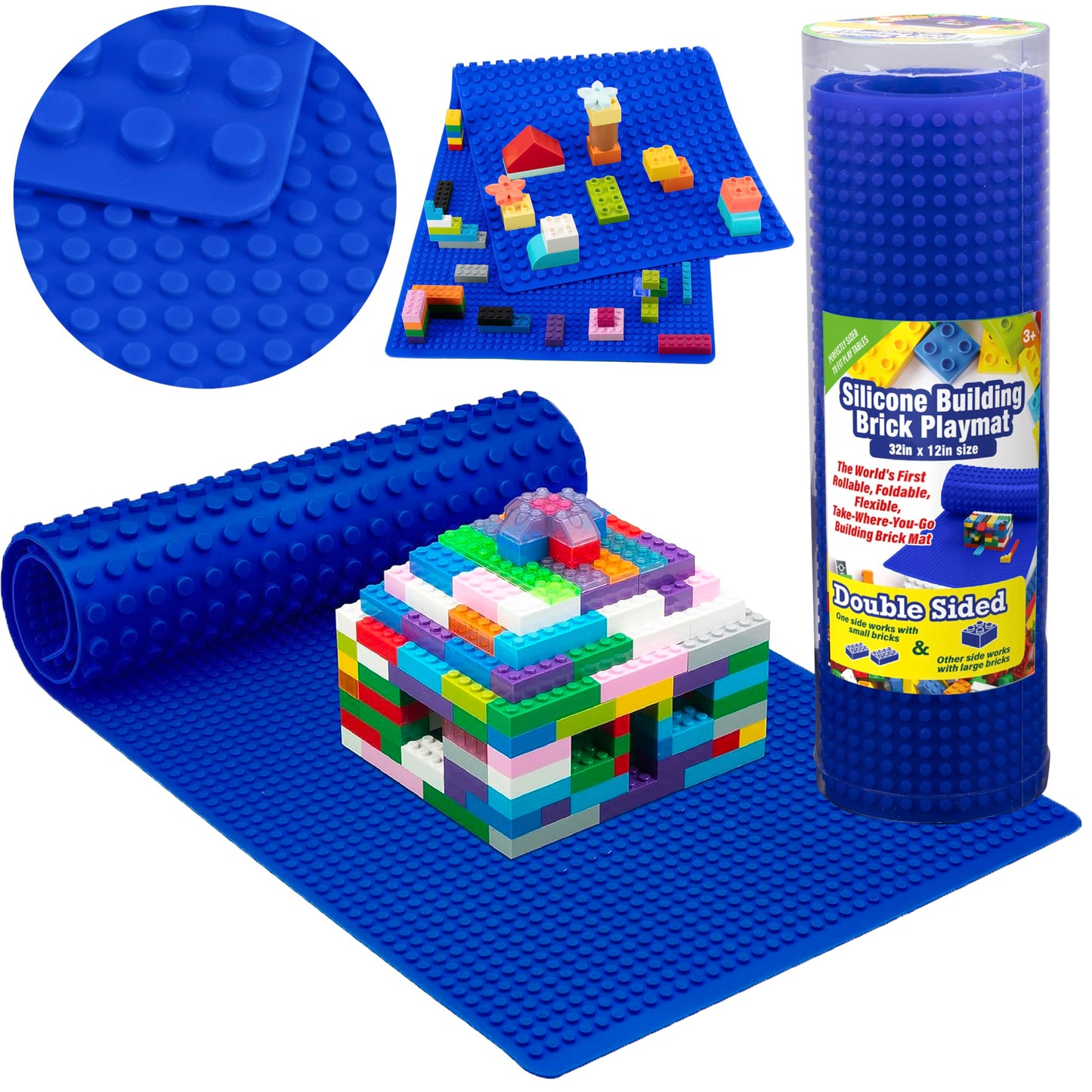 SCS Direct Brick Building Blocks Silicone Playmat - 32 Rollable and Portable Two Sided playmat for Activity Tables- Compatible with and Tight fit with All Major Building Blocks Brands  Kids Gift