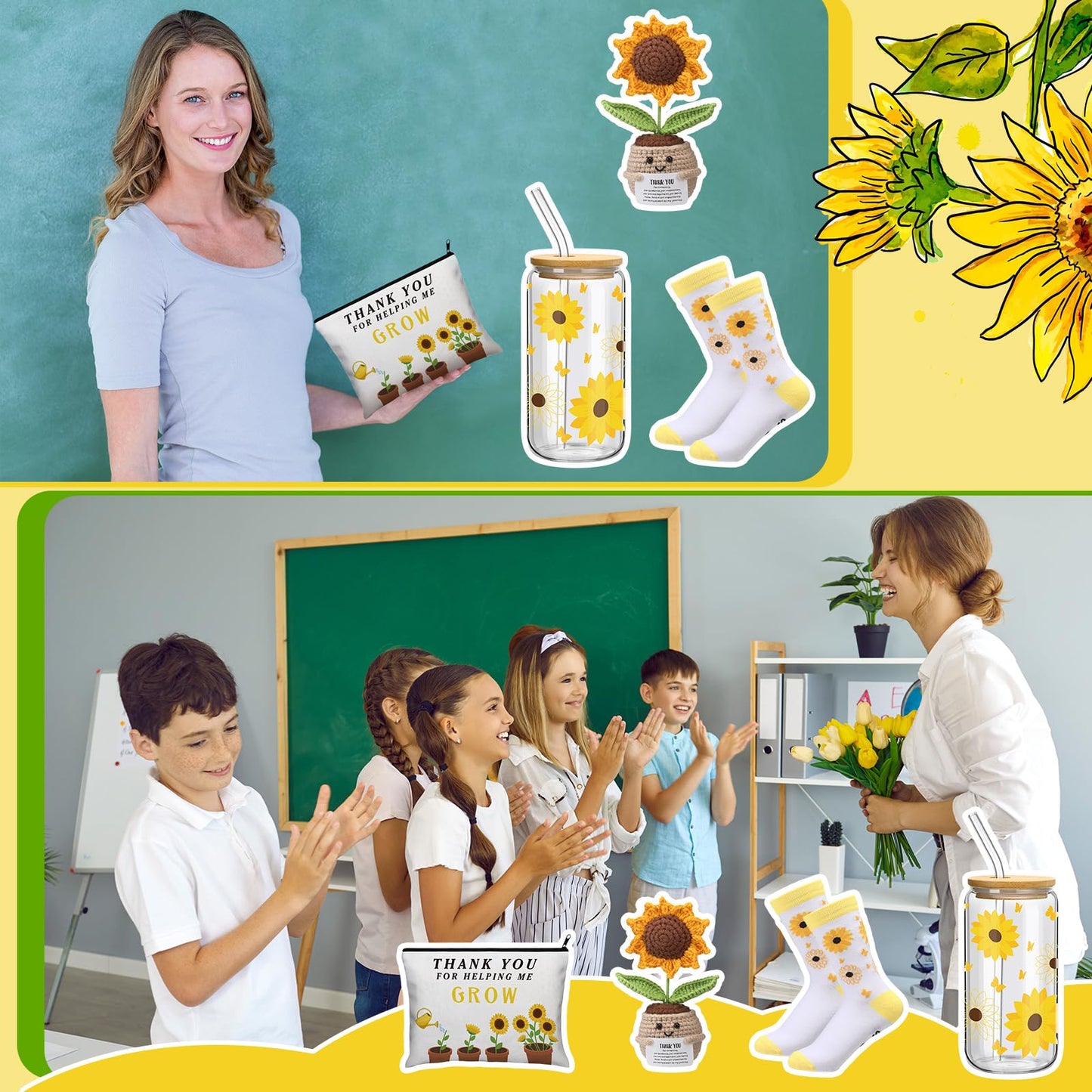 Boao 4 Pcs End of Year Teacher Gift Sunflower Appreciation Gift for Women Thank You for Helping Me Grow Positive Sunflower Doll