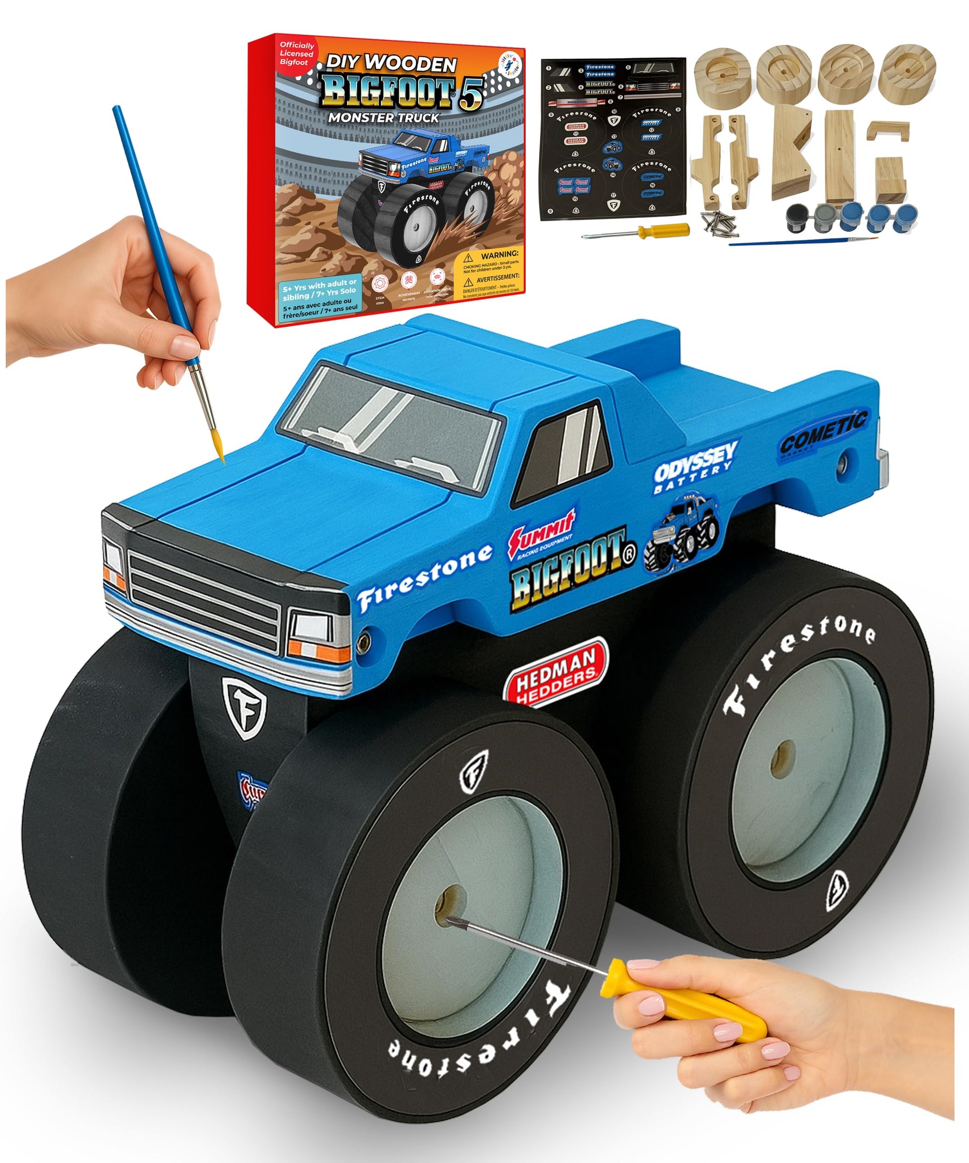 DIY Bigfoot 5 Monster Truck Wooden Kit w/Stickers & Paint (Large 5 1/4)- Officially Licensed Kids Building & Painting Kit - Wood