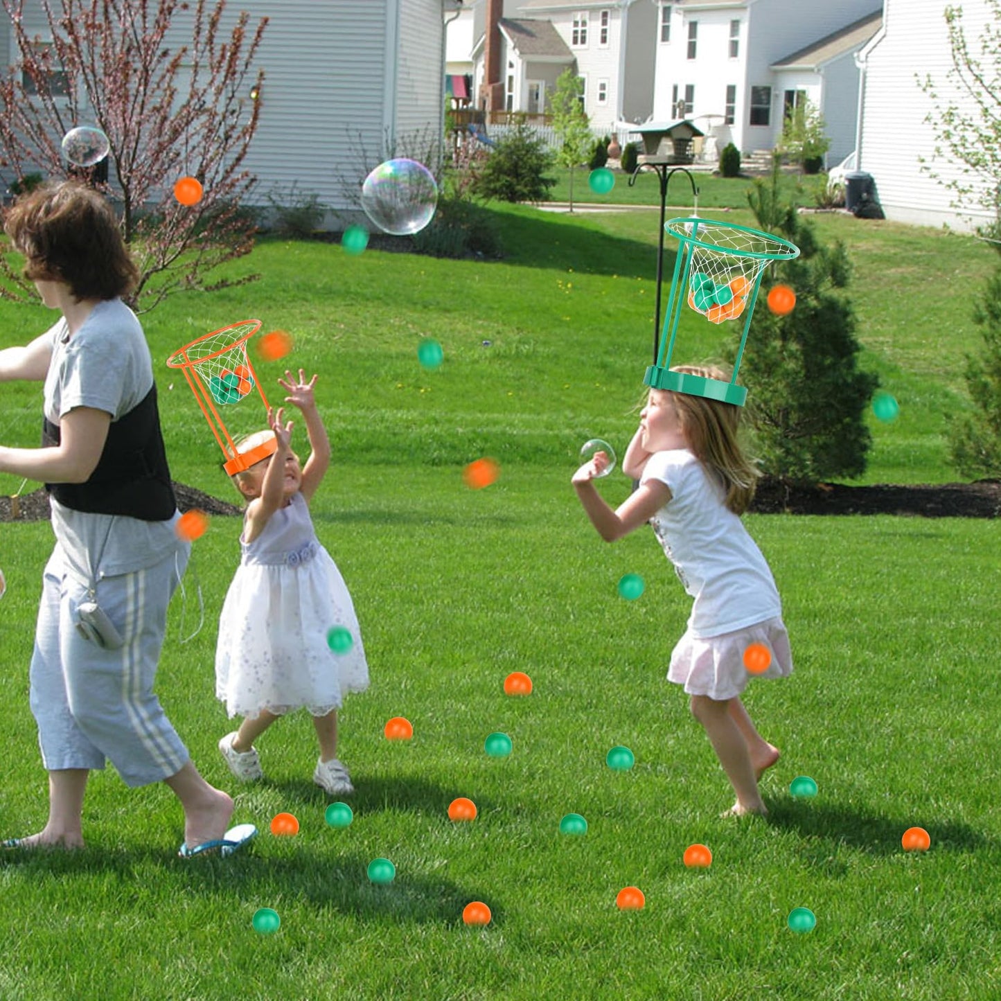 2 Pack Head Hoop Basketball Party Game For Kids And Adults Carnival Game Adjustable Basket Net Headband With 20 Balls For Carnival Party Birthday Party Family Indoor Outdoor Game (Green + Orange)