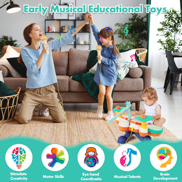Kids Drum Set Baby Drums - Drum Set For Toddlers 1-3, 4 Beats Flash Light Baby Drum With Microphone & Without Drumsticks, Baby D