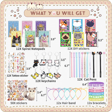 134Pcs Cat Party Favors Set for Kids Cat Themed Birthday Party Supplies With Cat Headband Spiral Notepads Pens Keychains Tattoo