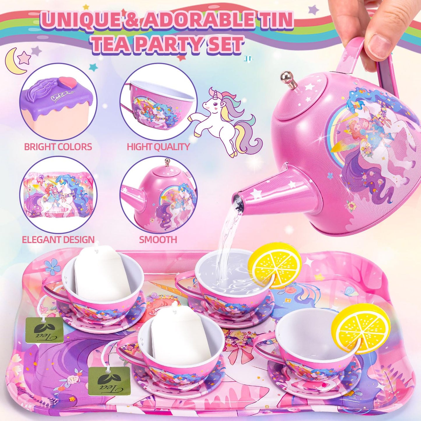 Unicorn Tea Party Set for Little Girls, Toddler Princess Toy Tea Set, Pretend Play Teapot Dessert Tea Cup Set Food Kitchen Plays