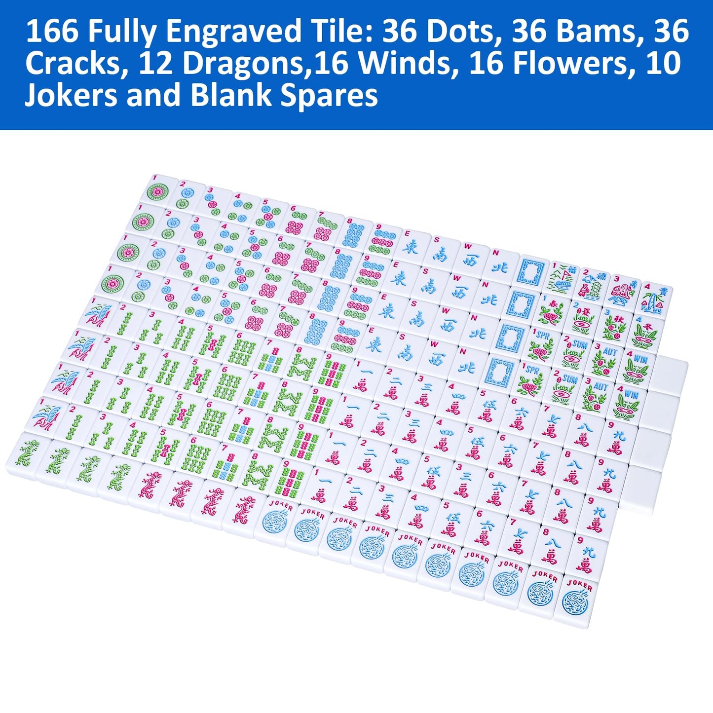 Jongyance American Mahjong Tile Set - 166 Engraved Plastic Tiles, Small Size, White (Tiles Only, Racks Not Included)