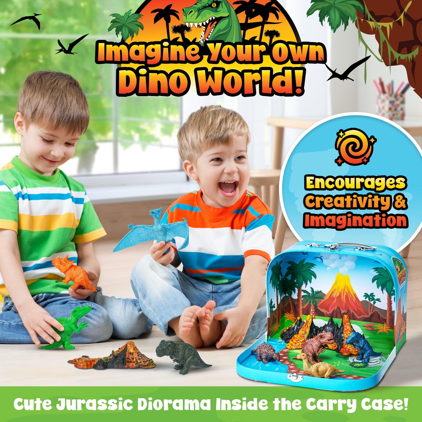 Team Power Dinosaurs Carry Case Set - With Play Scenery Inside, 8 Dinosaur Figures & 2 Volcanic Landscape | Toddler Toys| Dinosa