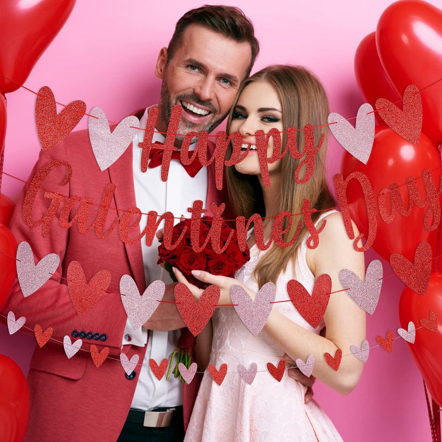 LeeSky Red Glitter Happy Galentines Day Banner & Heart Banner Garland Decorations for Valentines Day, Wedding, Anniversary Part