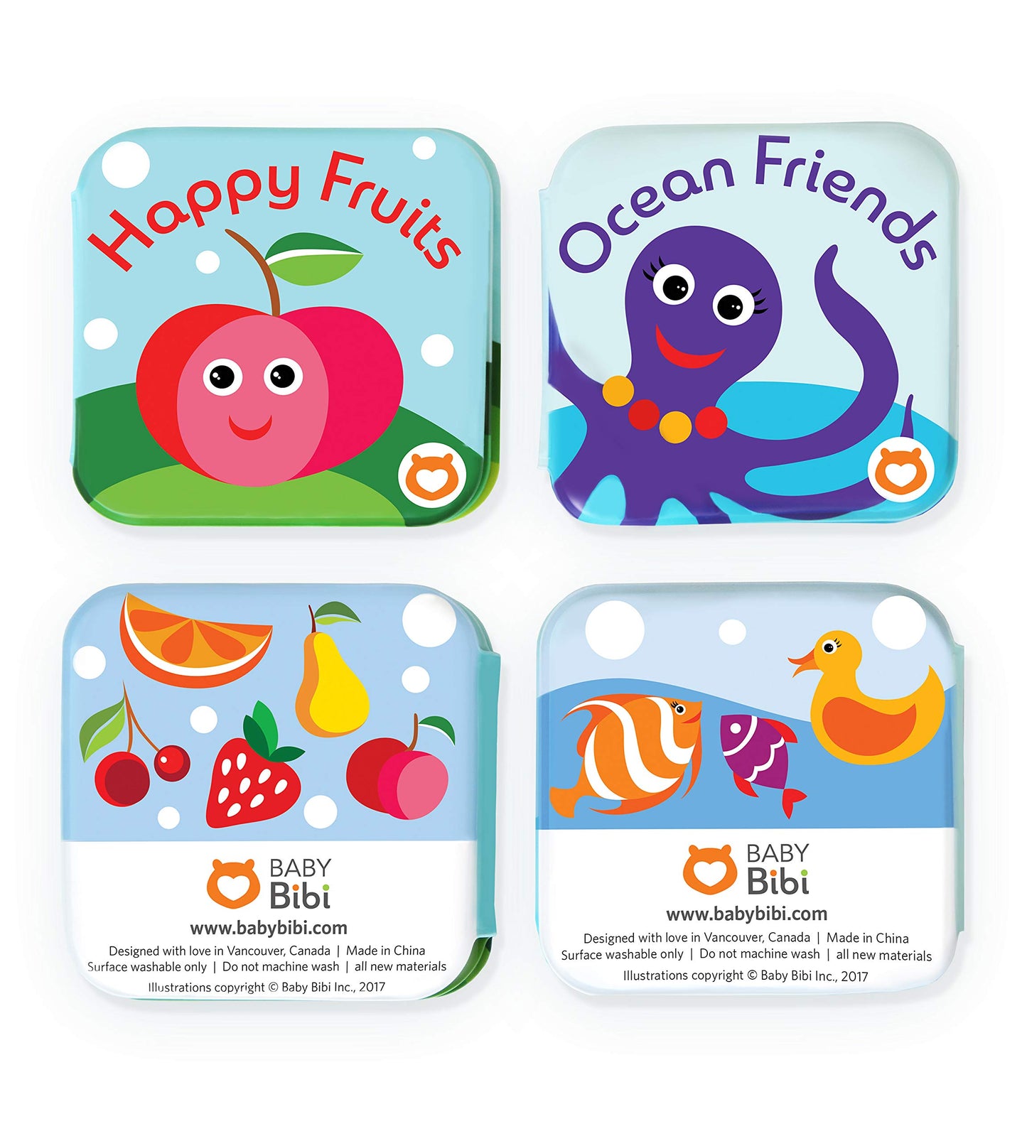BabyBibi Floating Baby Bath Books - Waterproof, Mold-Free Toys, Small Size, Set of 2 (Fruits & Sea Animals)