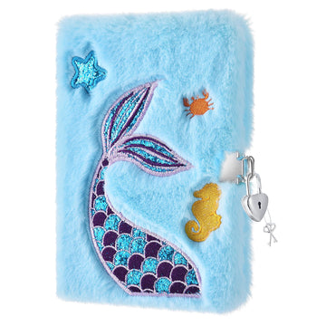 Wernnsai Plush Mermaid Notebook - Sparkly Embroidery Girls Diary With Lock Journal For Kids Girls Birthday Christmas Valentine Gift Travel School A5 Secret Diary Writing Drawing Notepad