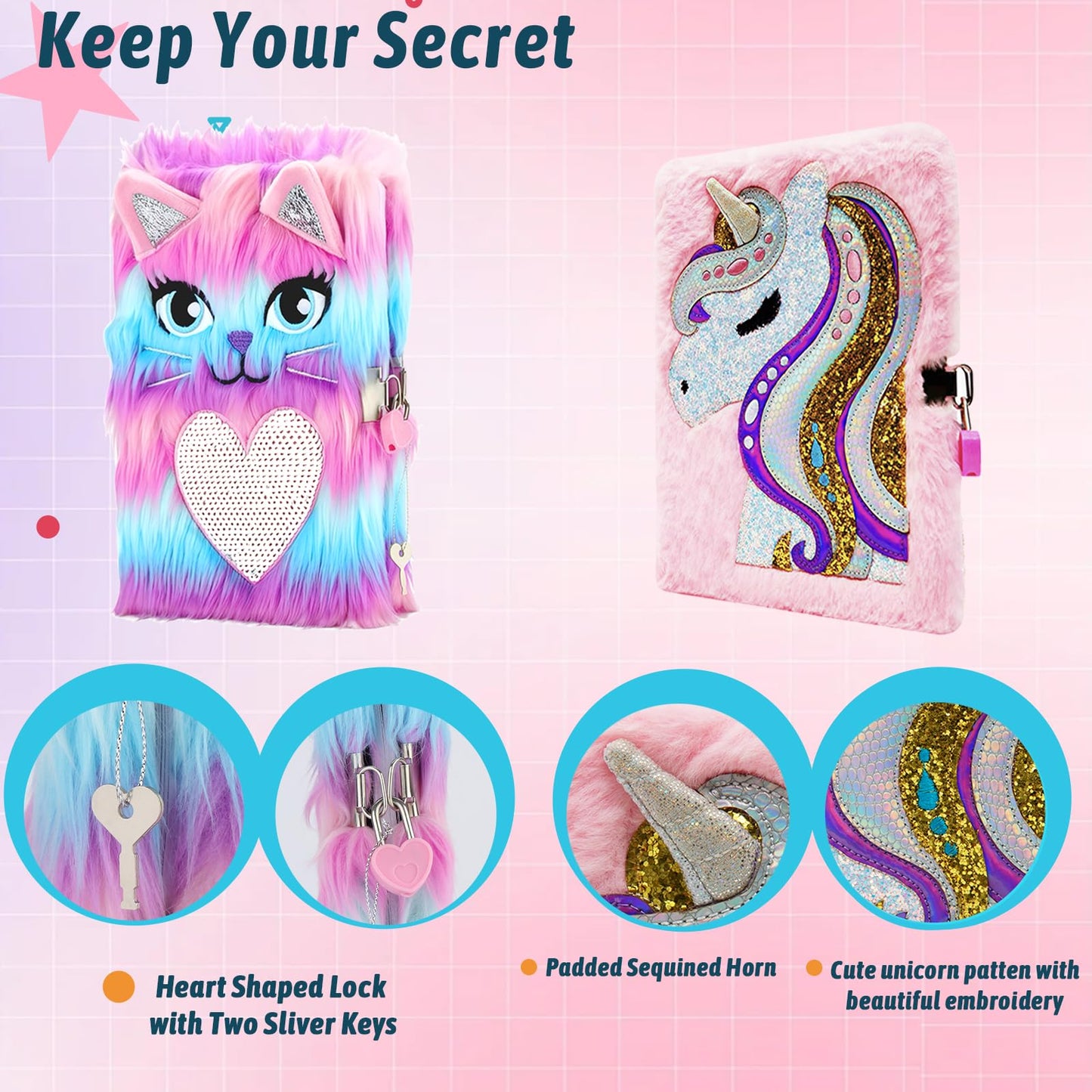 Dicvute 2Pcs Diary With Lock, Gift For 6 7 8 Years Old Girls, Fuzzy Notebook Cute Cat Unicorn Diary Secret Writing Plush Journal