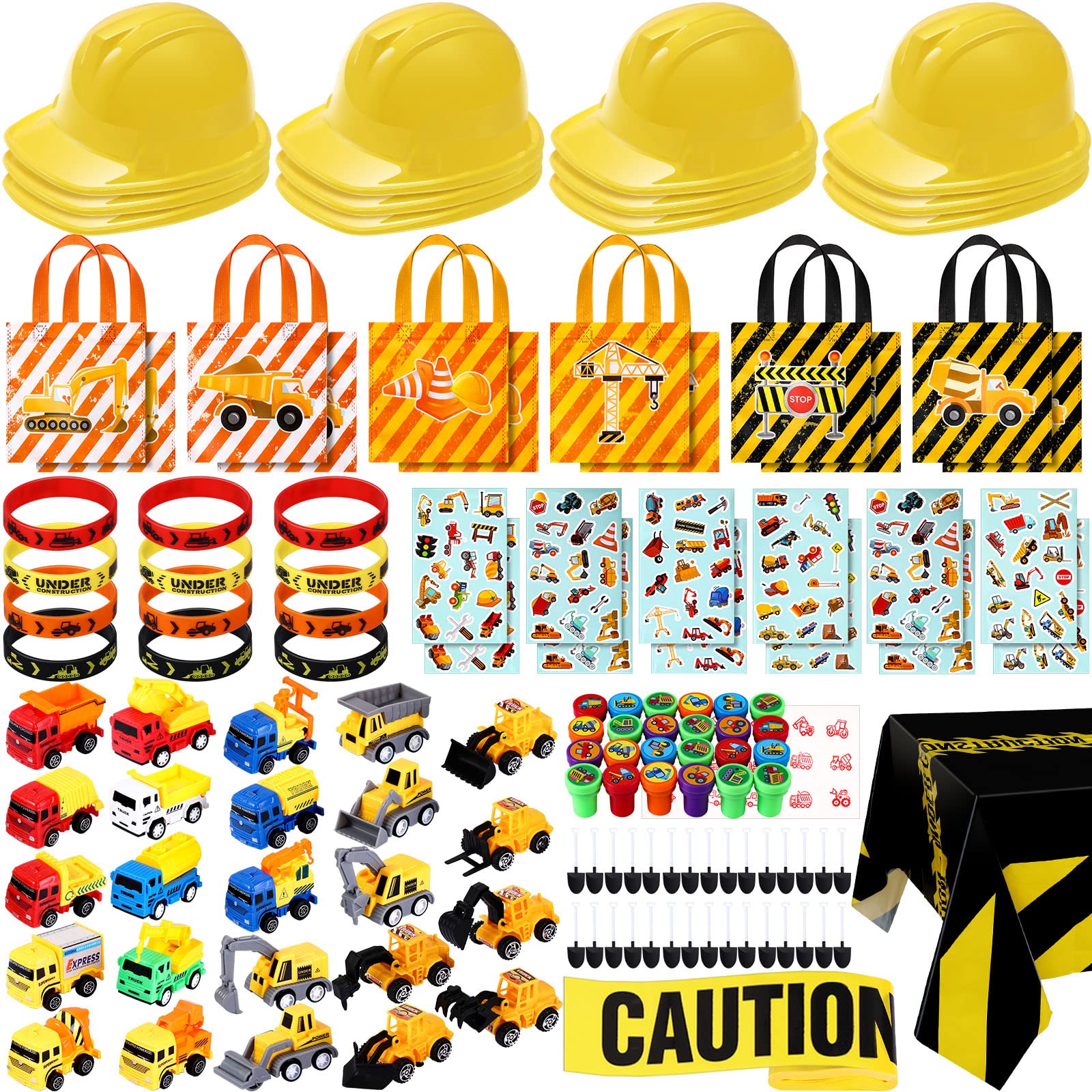 Sratte 148 Pcs Construction Birthday Party Supplies Include 12 Construction Hats, 24 Truck Toys, 12 Vehicle Stickers, 12 Silicon