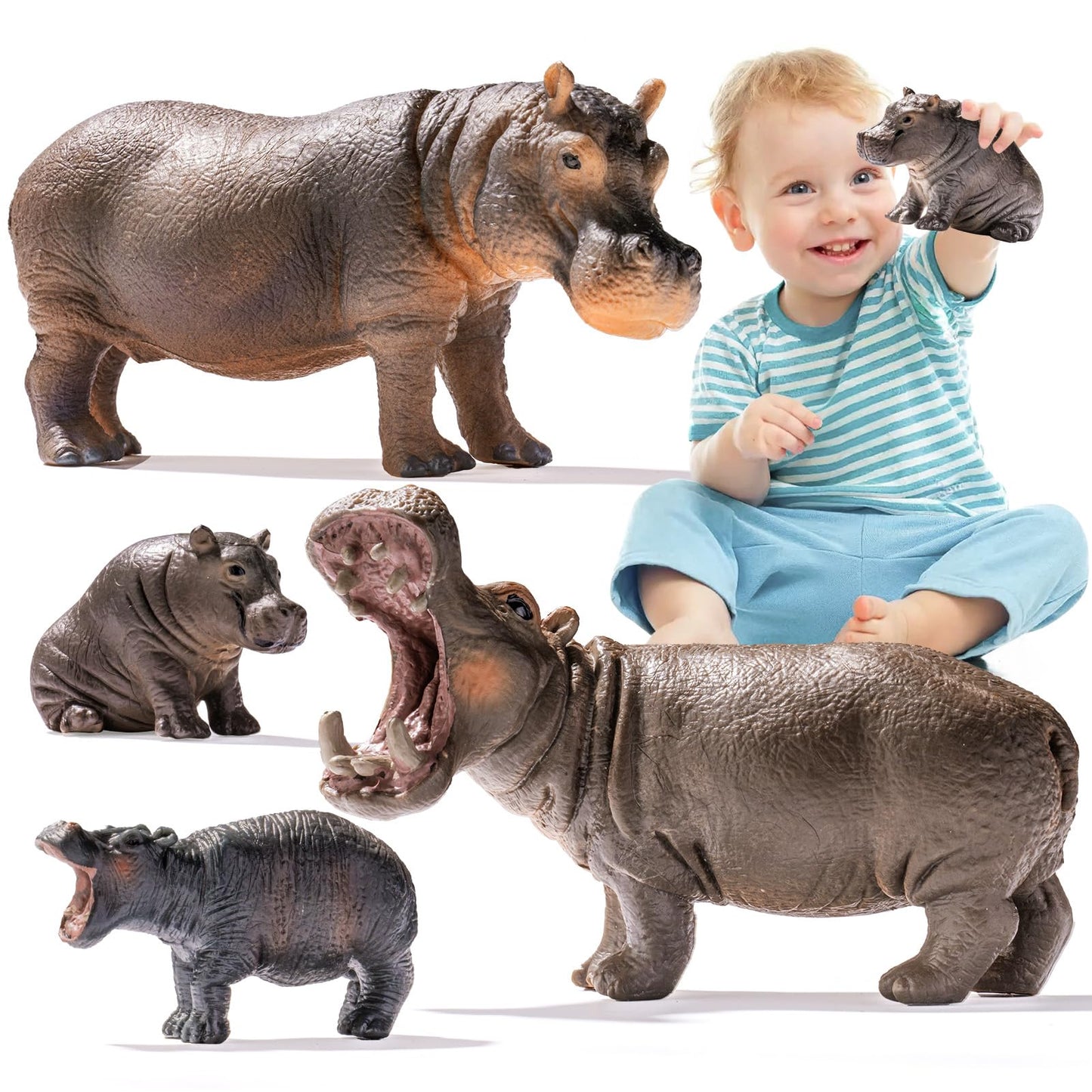 Safari Hippo Animals Toys  4PCS Plastic Wild Animals Family Figures Toy for Kids Ages 3-5 Includes Hippopotamus and Cubs  Cake Toppers Birthday Gift Party Favors for Boys Girls