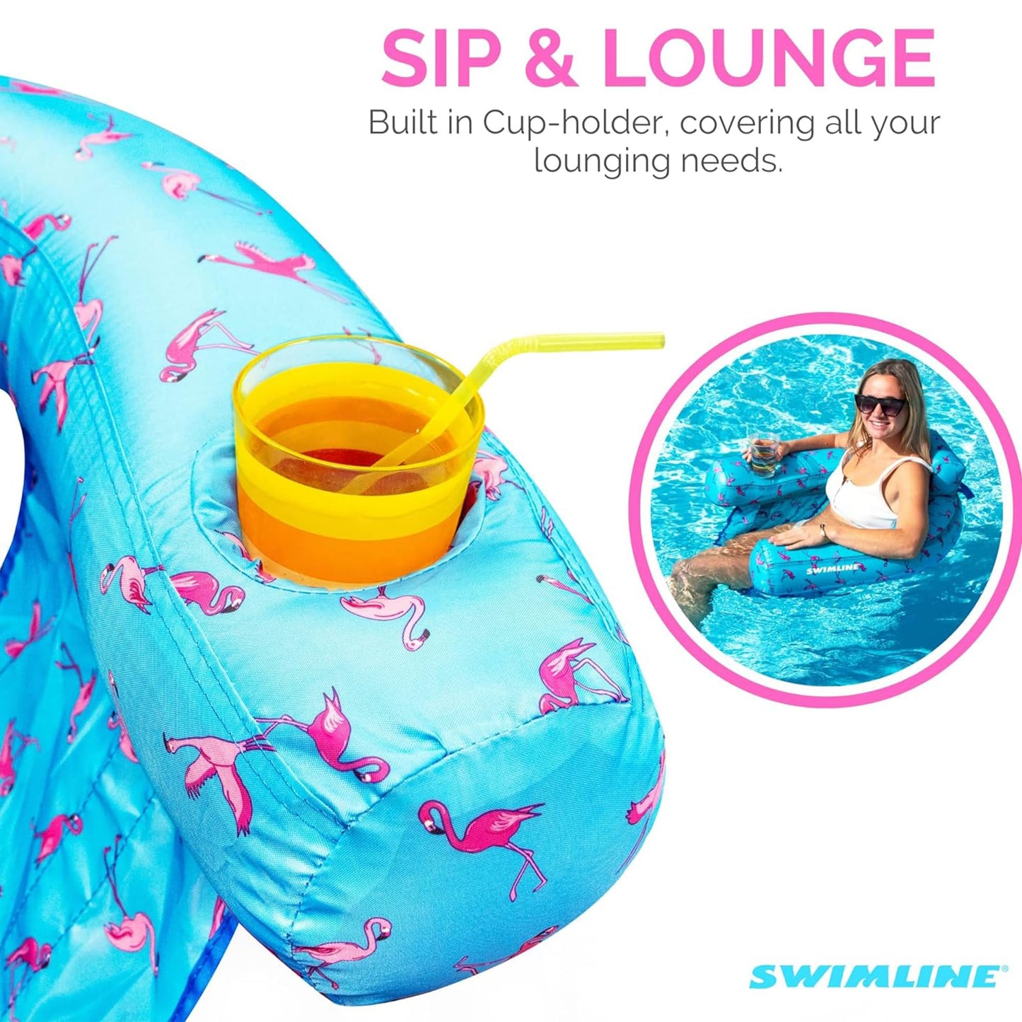 Swimline Original Fabric Covered U-Seat Inflatable Pool Lounger Flamingo Pattern | With Comfortable Sling Seat, Back Rest, And Built In Cup Holder | For Pool, Beach, Lake, And More