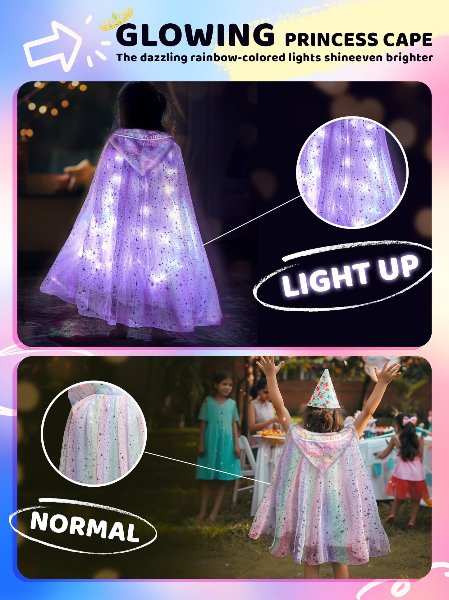 Uporpor Led Princess Dress Up Cape Girls Light Up Princess Hooded Cape For Girls Costume Cloak Princess Shawl Toddler Kids Halloween Led Dressing Up Train