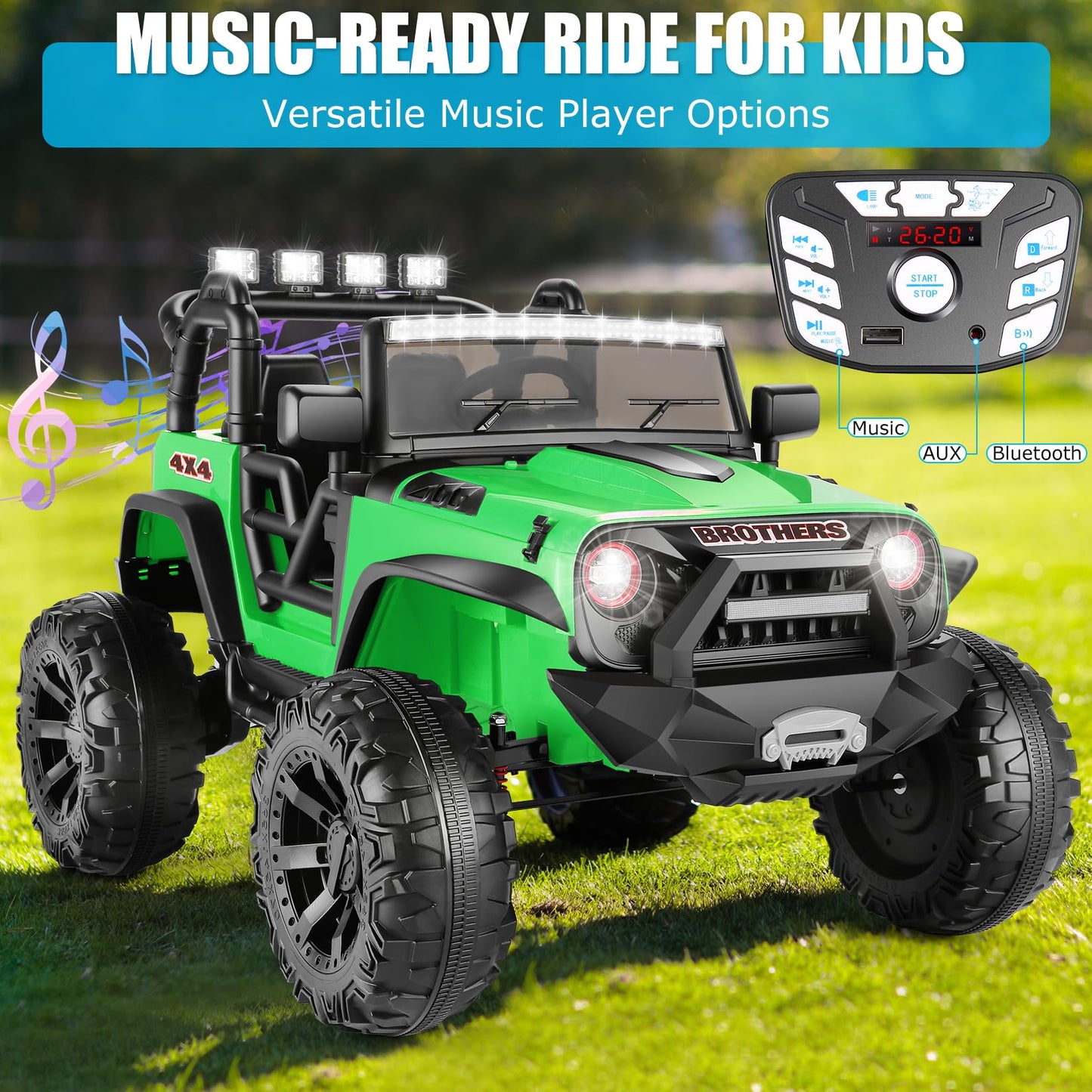Hikole 24V 9Ah Ride On Toys With Remote Control, 2 Seater Kids Electric Car Vehicles, 3 Speeds, Led Lights, Music, Bluetooth, 24 Volt Ride On Toys For Boys, Green