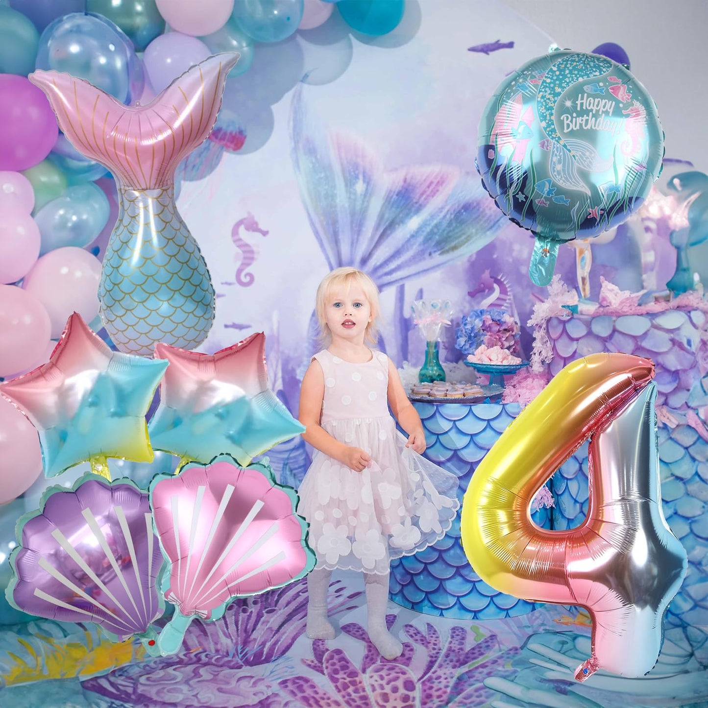 Mermaid 4Th Birthday Decorations, 8Pcs Mermaid Party Decorations Balloons, 40 Inch Rainbow Number 4 Balloon, Large Helium Foil Mermaid Tail Balloon, Seashell Balloons For Girls' 4Th Birthday Party