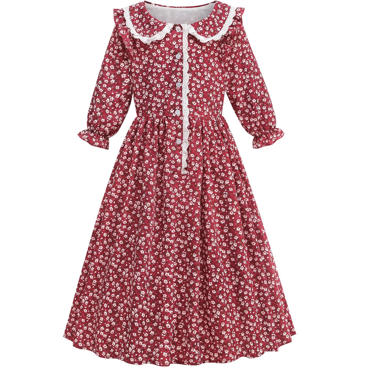 Aoiviss Girls Pioneer Costume Floral Colonial Prairie Dress for Little Kids with Apron and Bonnet, Dark Red