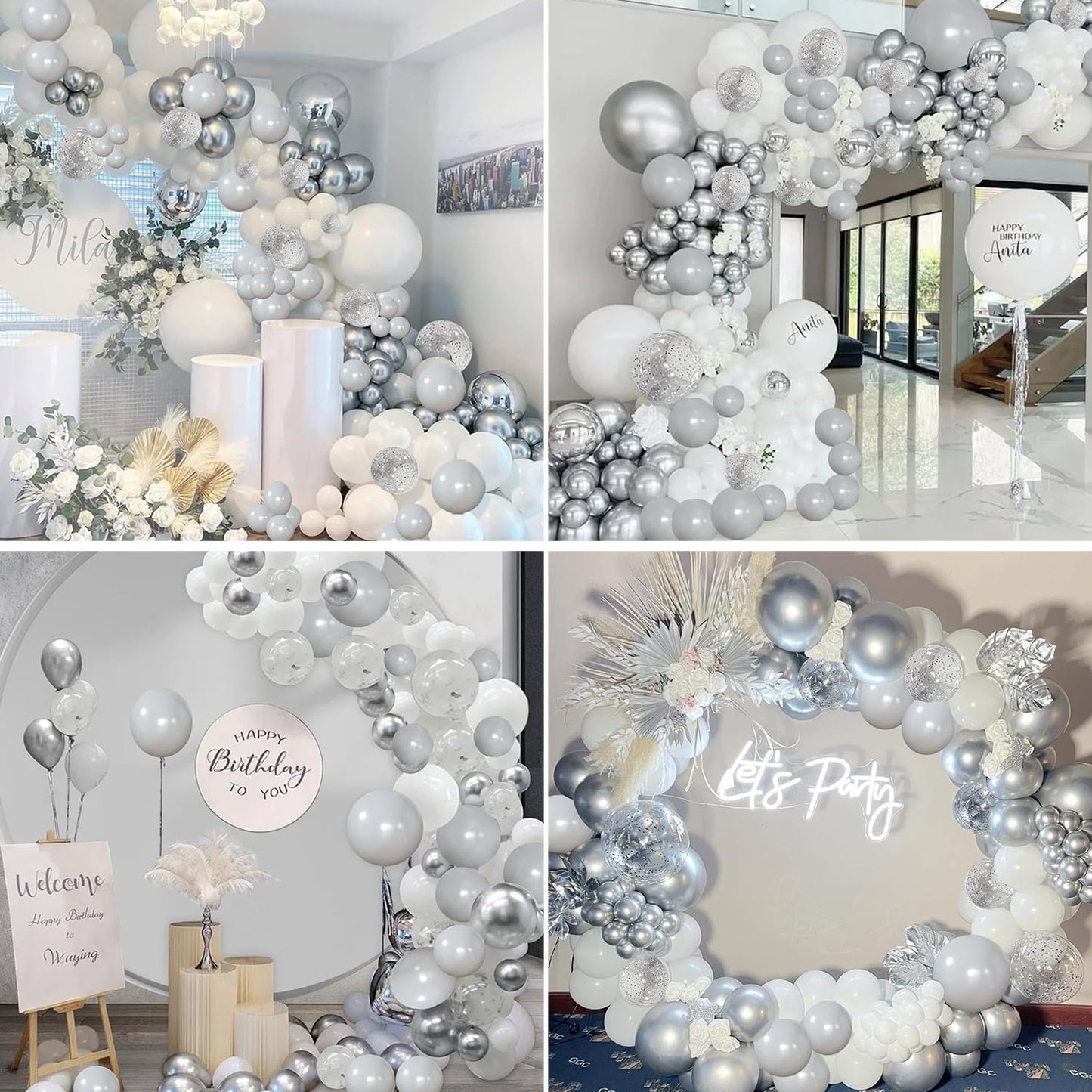 White Silver Balloon Garland Arch Kit,140Pcs Metallic Silver White Balloon Arch For Birthday Wedding Engagement Proposal Baby Sh